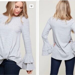 Striped Ruffle Sleeve Top - Gray